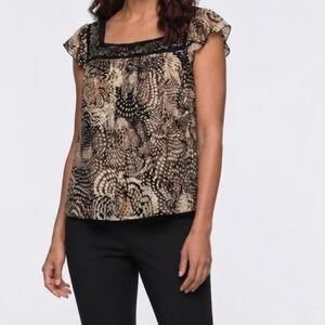Axcess Blouse Women Medium Black Tan Boho Flutter Sleeve Mesh Square Neck Top